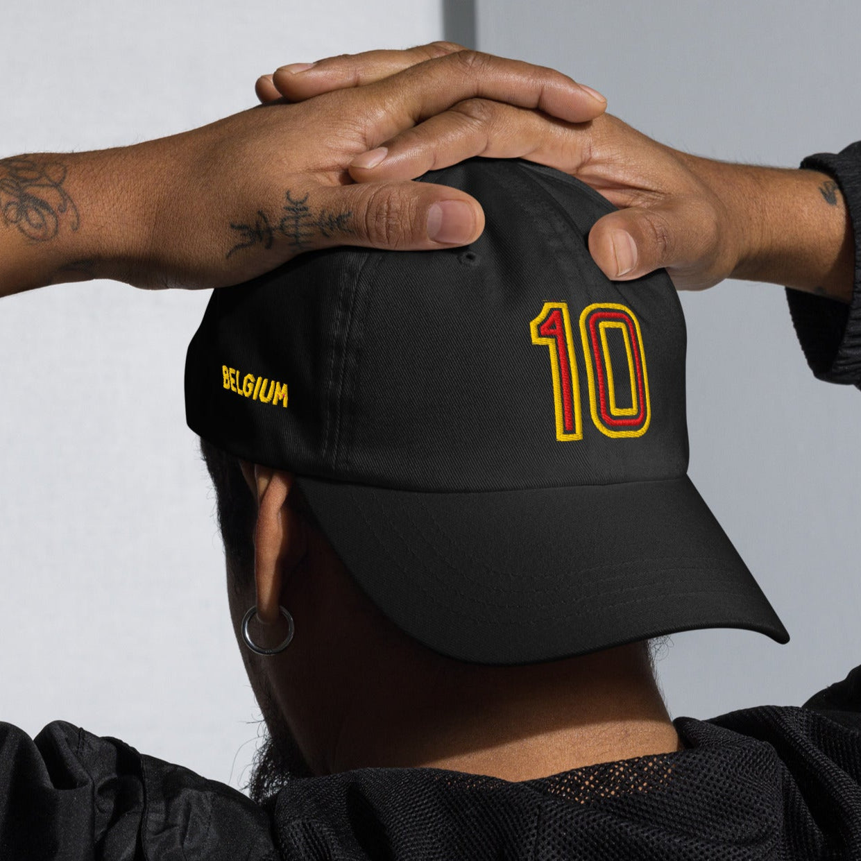 Man wearing Belgium football soccer hat