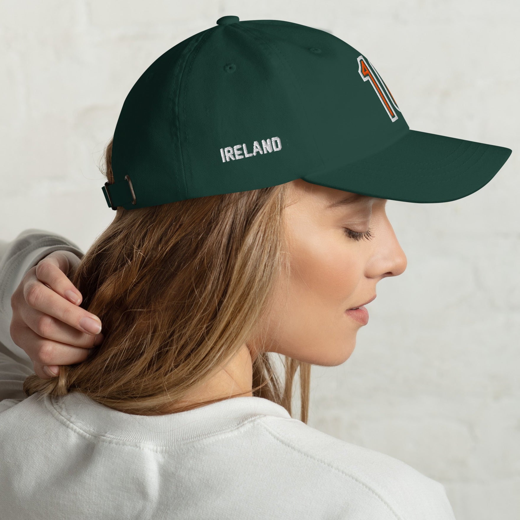 Woman wearing Ireland soccer dad hat